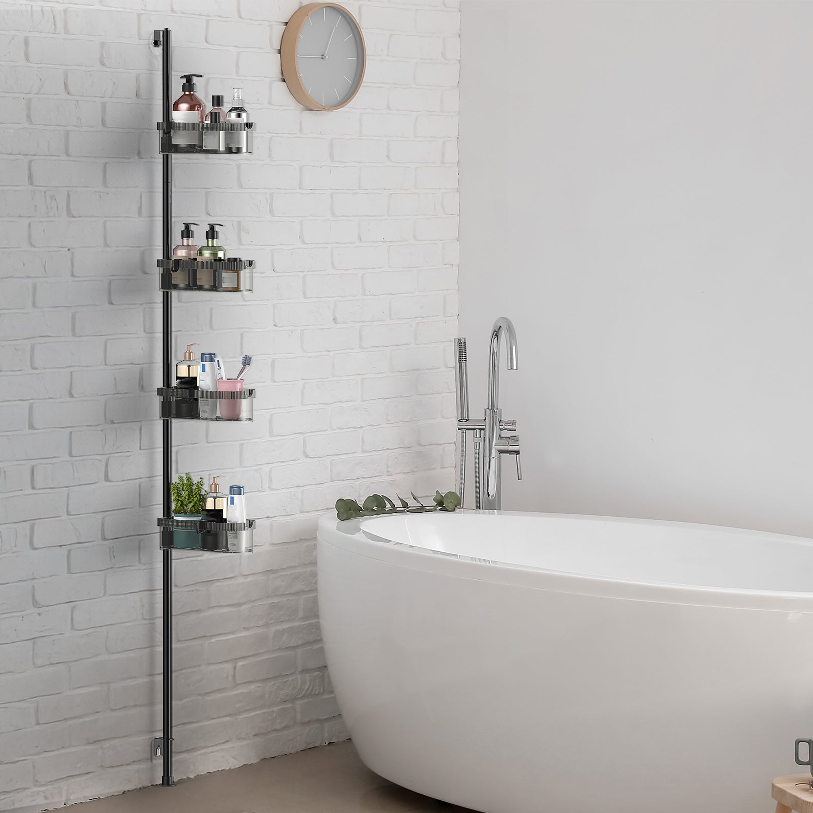 4-Tier Tension Pole Bathroom Rack, Adjustable Mesh Basket Organizer for Shower & Corner