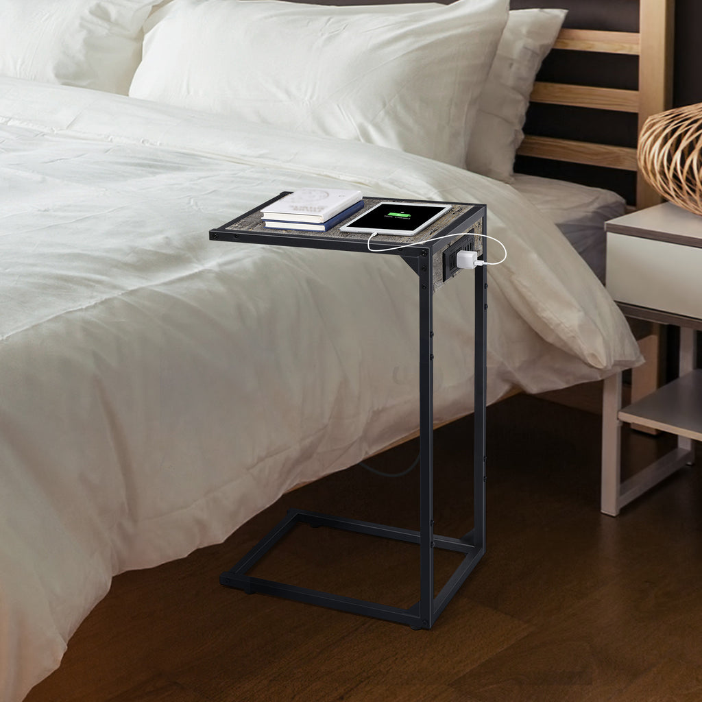 Set of 2 C-Shaped End Tables with Charging Station, Mobile Snack Tables for Sofa & Couch, Oak Grey Finish,