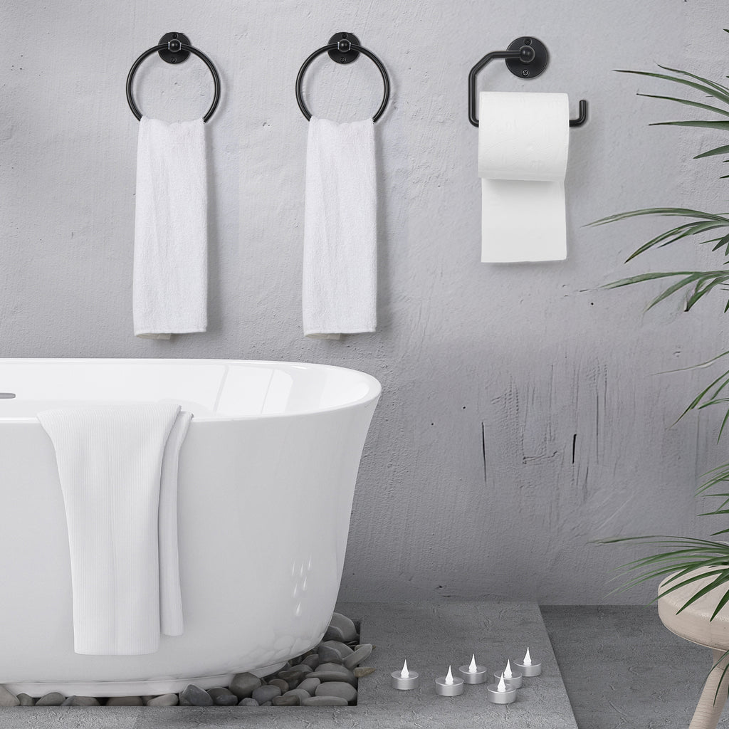 Matte Black Bathroom Hardware Set (3-Piece) - Towel Rings & Toilet Paper Holder Kit