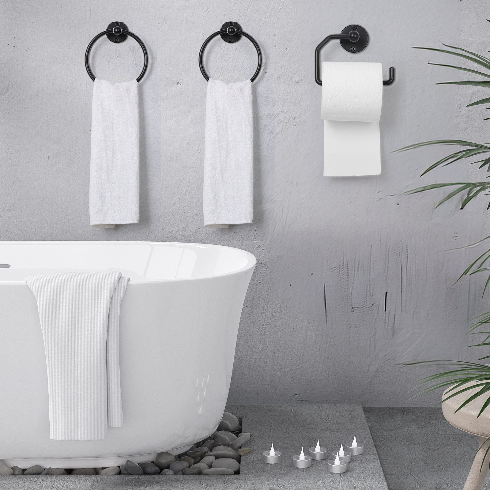 Matte Black Bathroom Hardware Set (3-Piece) - Towel Rings & Toilet Paper Holder Kit