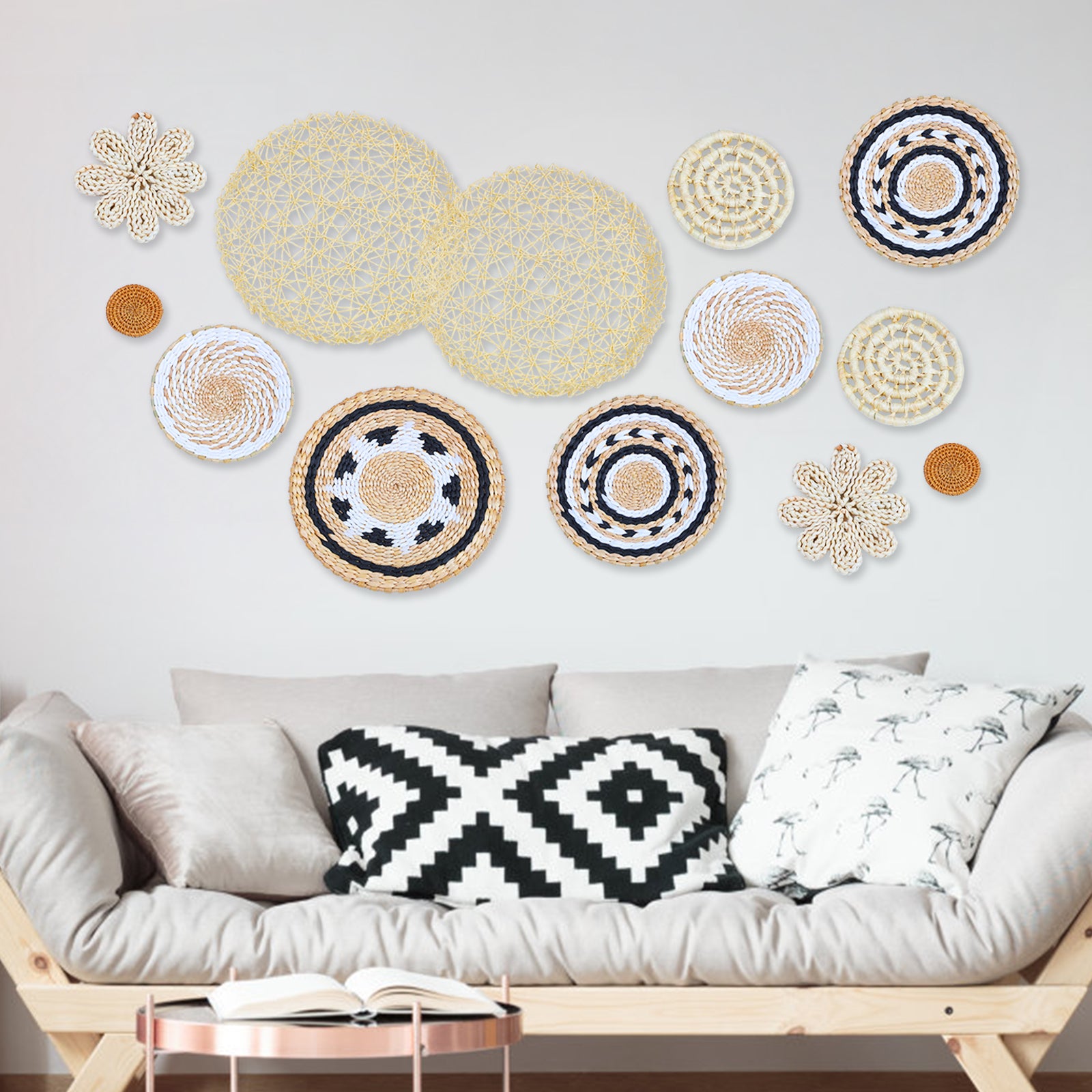 13 Pcs Boho Wall Basket Decor Set, Handmade Seagrass Woven Baskets for Living Room, Rustic Round Art
