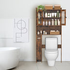 Rustic Brown Over-the-Toilet Storage Cabinet - Space-Saving Bathroom Organizer with Glass Doors & Side Compartment