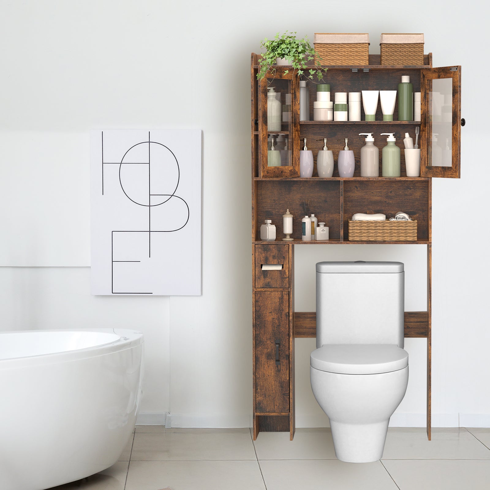 Rustic Brown Over-the-Toilet Storage Cabinet - Space-Saving Bathroom Organizer with Glass Doors & Side Compartment