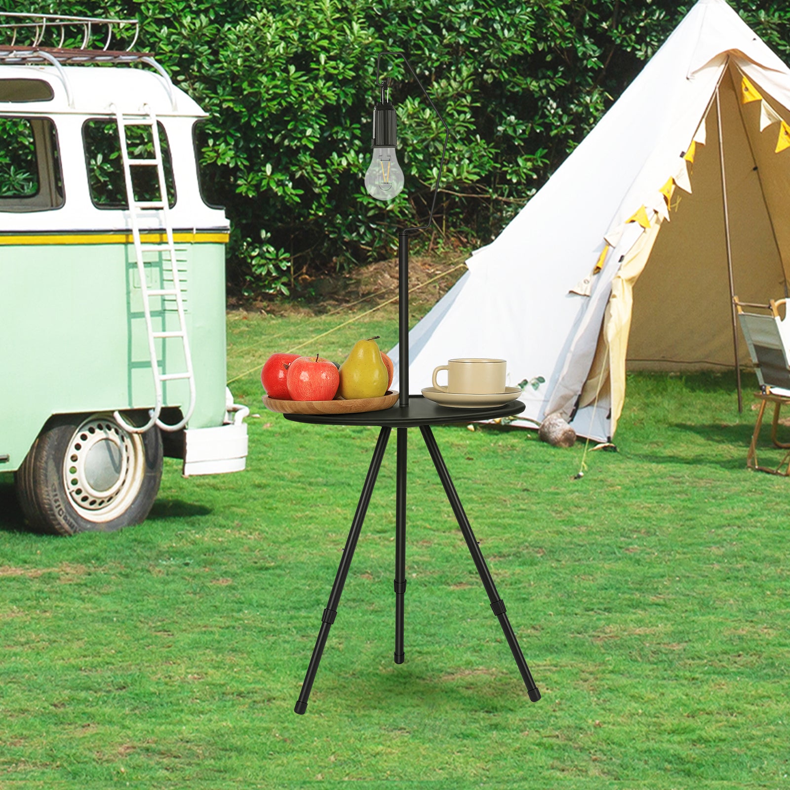 Portable Small Camping Round Table, Foldable & Liftable Round Camping Table with Light Rack, Solar Bulb, Carry Bag for Beach, Tailgating, Hiking, Camping Outdoor