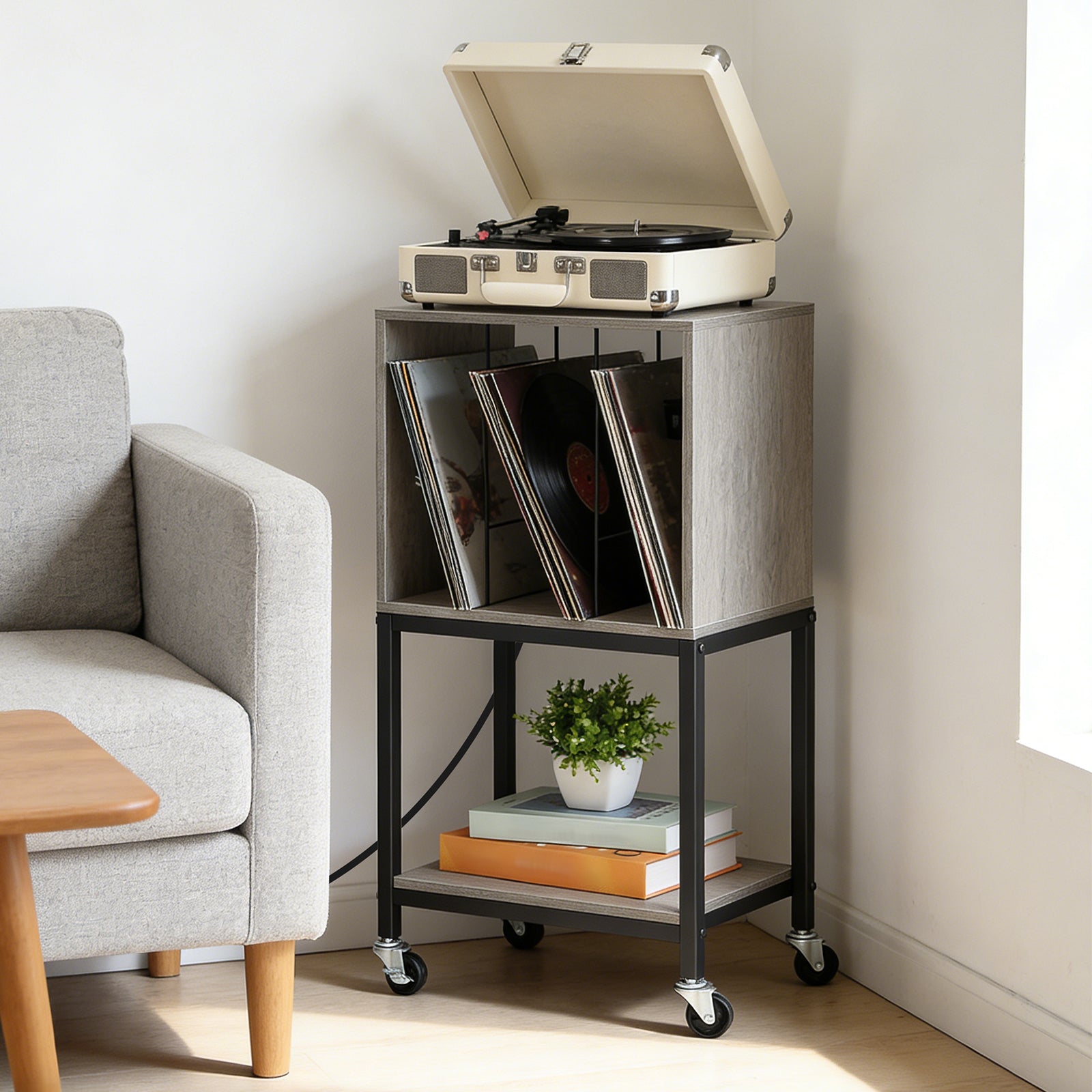 3-Tier Turntable Station and Vinyl Storage Cabinet with Built-in Charging Port, Versatile End Table for Media Organization in Living Room or Bedroom