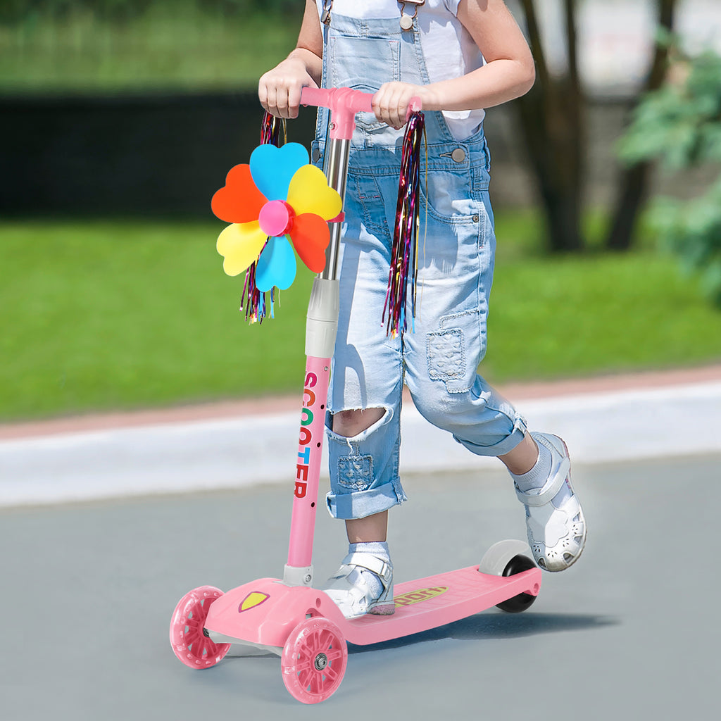 3 Wheels Kids Scooter, Adjustable Height Lean-to-Steer Kick Scooter with LED Light-Up Wheels, Windmill & Streamers, Gifts for Toddlers Boys Girls 3-5 Years Old, Pink