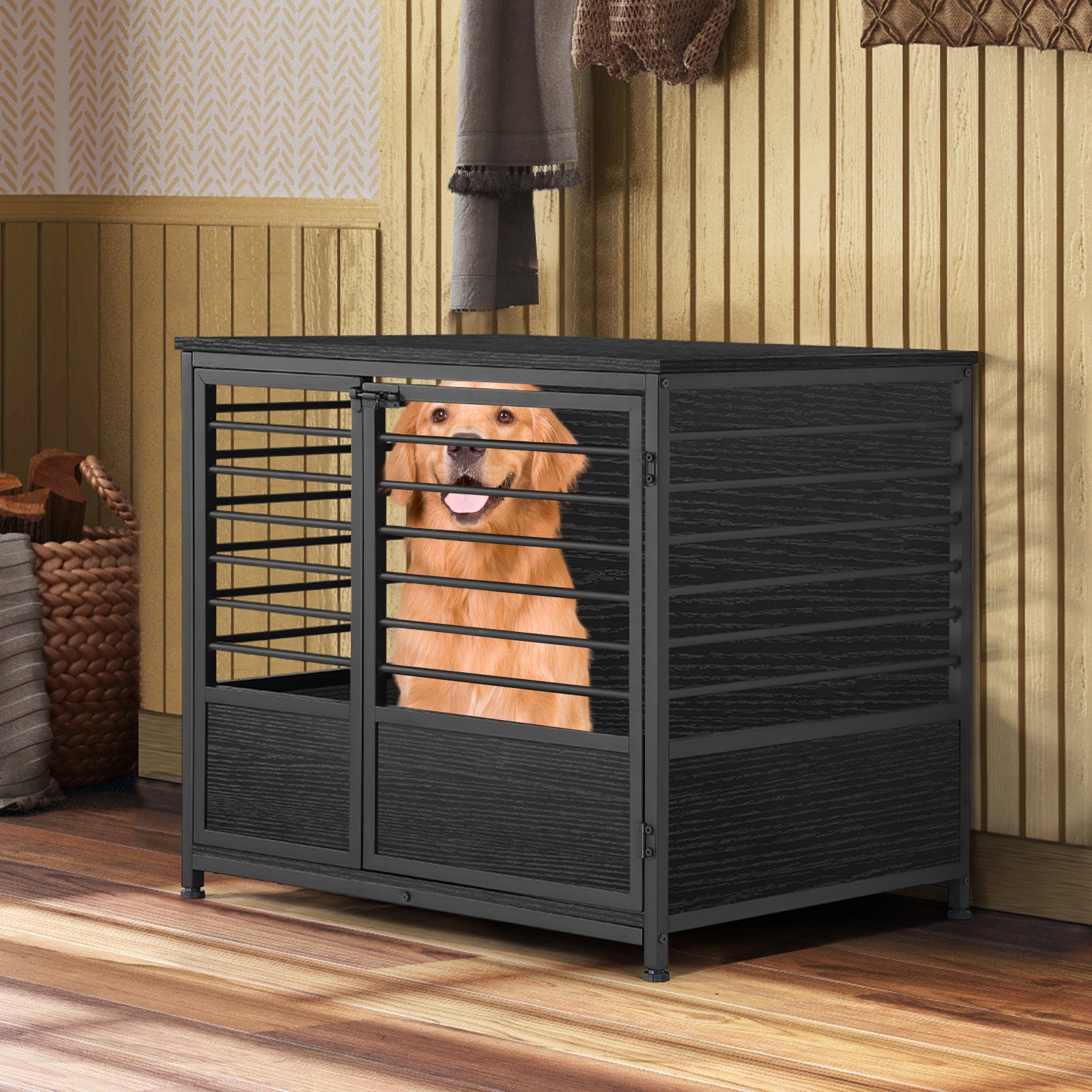 Furniture Style Dog Crate End Table, Medium Decorative Pet Kennel with Metal Frame & Wooden Top, Space-Saving,