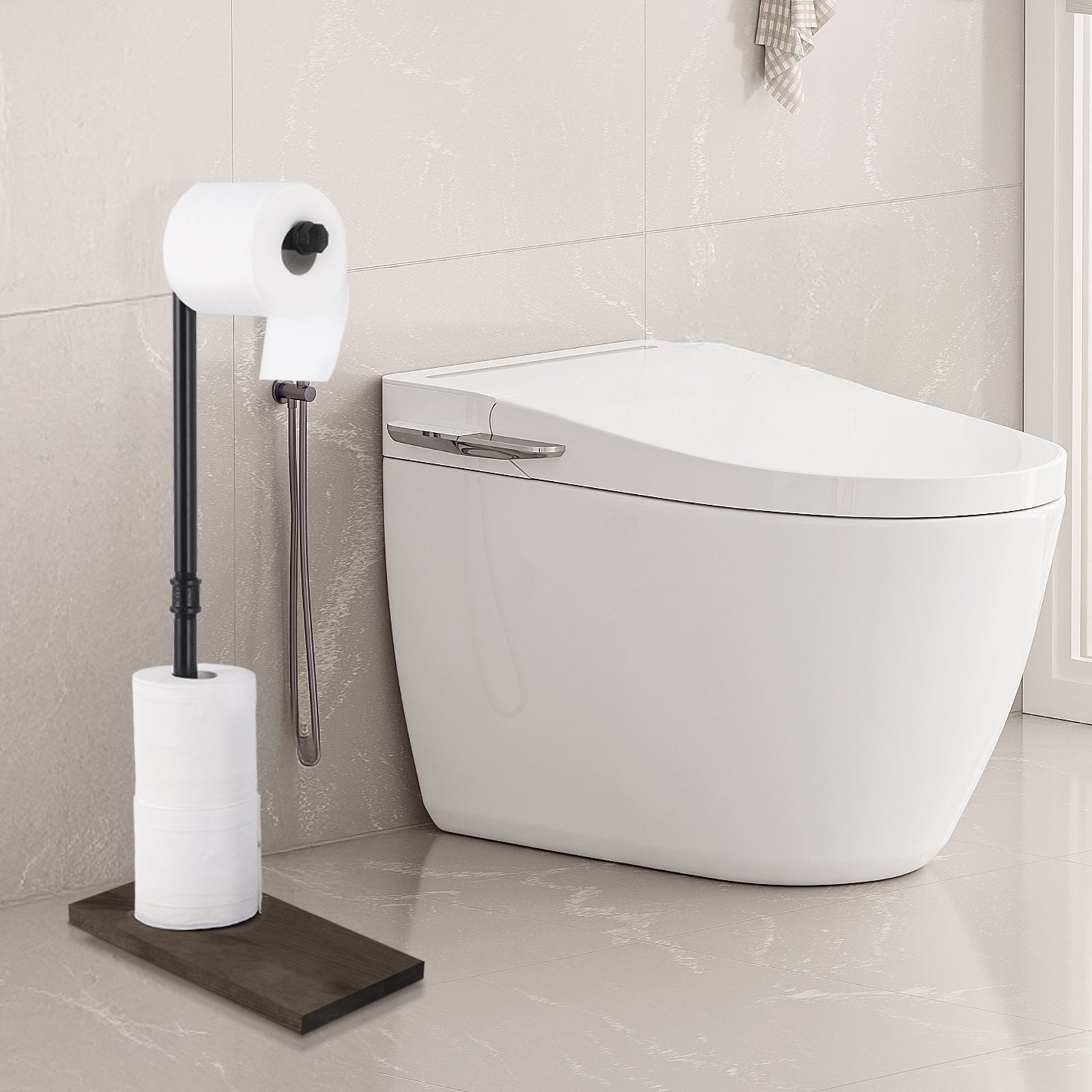 Toilet Paper Holder Stand, Set of 2 Freestanding Toilet Paper Holder, Standing Toilet Paper Holder with Reserve Storag Bathroom Toilet Paper Roll Holder with Wooden Base