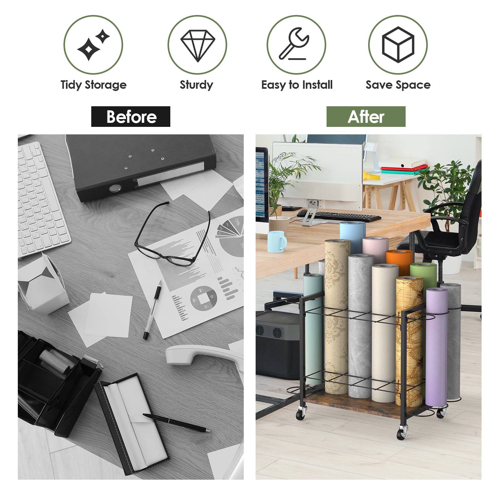 18-Slot Blueprint Storage Rack Cart - Mobile & Lockable Wrapping Paper Holder, Architectural Plans Organizer,