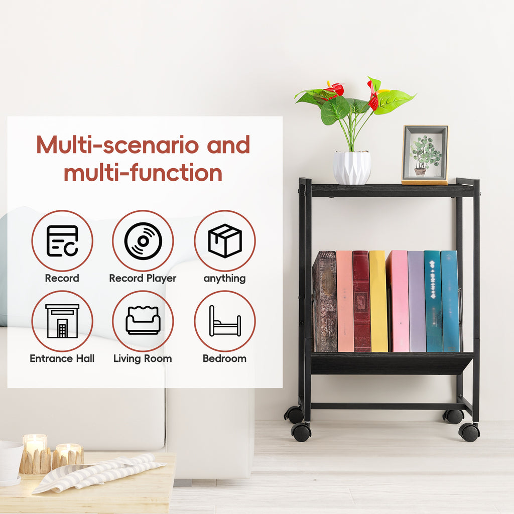 Vintage Vinyl Storage Unit and Turntable Station, Compact Black Side Table with 70 LP Capacity for Home Audio Setup
