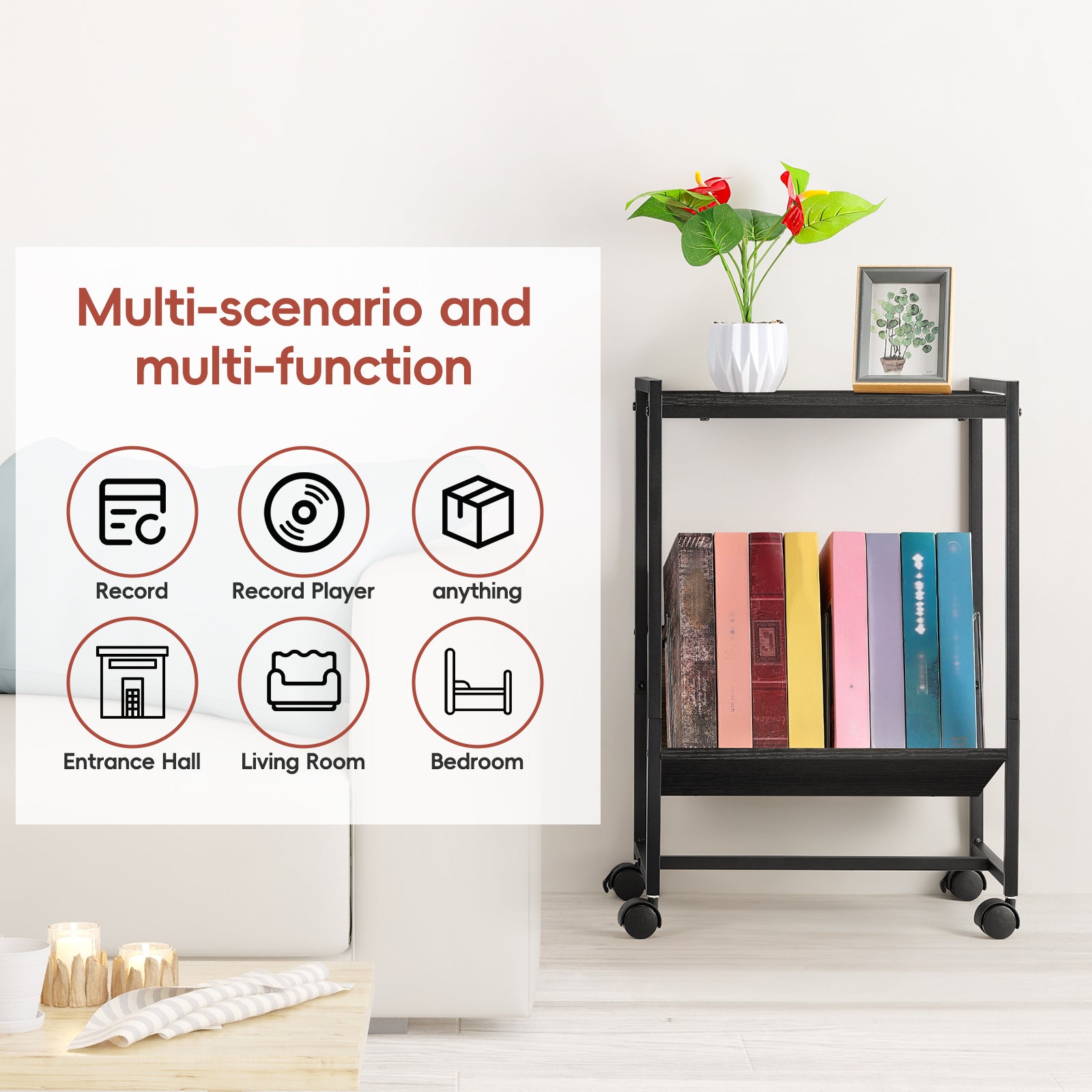 Vintage Vinyl Storage Unit and Turntable Station, Compact Black Side Table with 70 LP Capacity for Home Audio Setup
