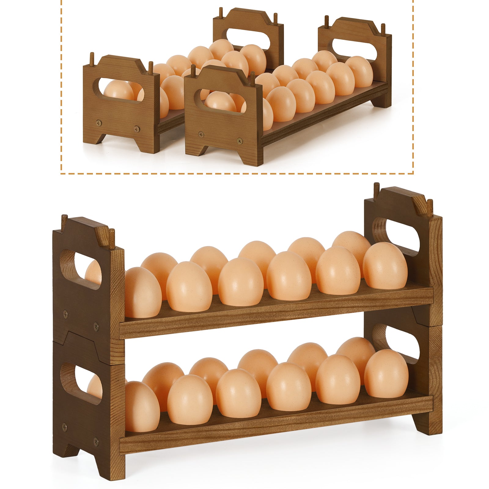 2-Tier Wooden Egg Holder for Countertop - Stackable Fresh Egg Storage Rack - Rustic Farmhouse Kitchen Organizer for up to 24 Eggs