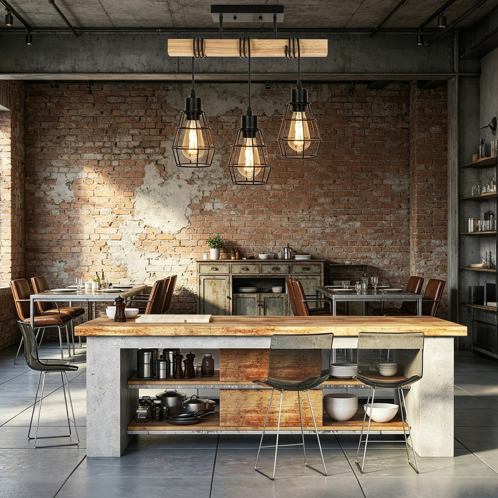3-Light Industrial Semi Flush Mount Ceiling Fixture with Wood Accents and Metal Cage Shades