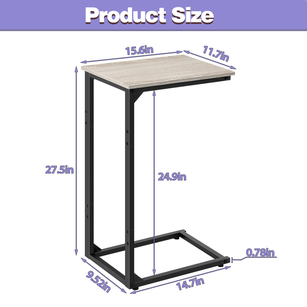 Industrial C-Shaped Side Table, Greige Wood Look Bedside Tray with Metal Frame for Couch and Sofa, Space-Saving Laptop and Snack Stand for Living Room and Bedroom