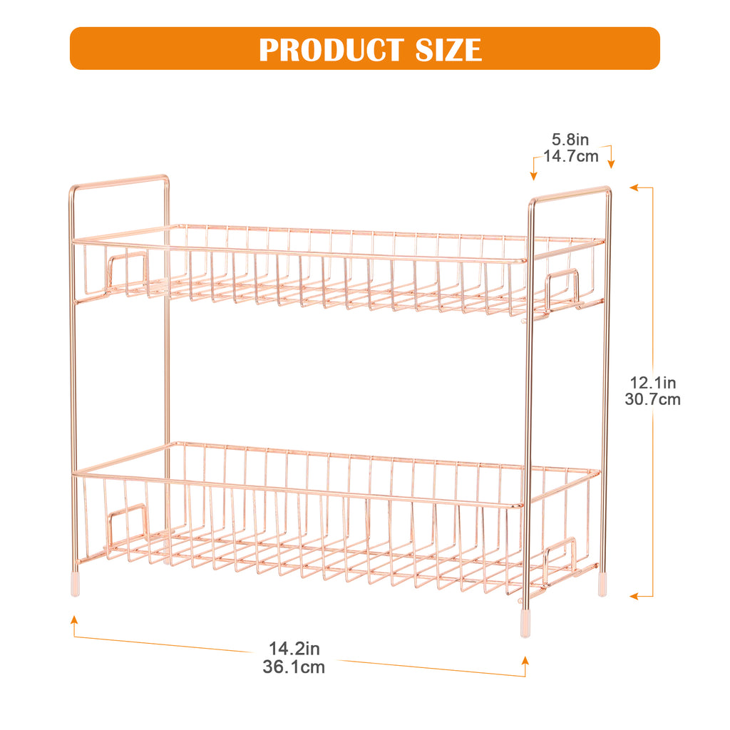 2-Tier Rose Gold Countertop Spice Rack Organizer - Elegant Metal Kitchen Storage Shelf for Jars and Bottles
