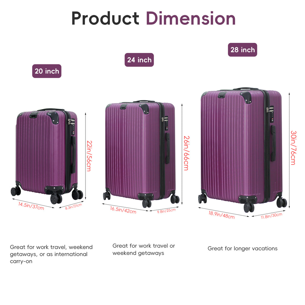 Three-Piece ABS Hard Shell Luggage Set - 20Inch, 24Inch, 28Inch Durable Spinner Suitcases with Combination Locks, Lightweight Travel Luggage for Business & Family Trips, Multiple Colors Available (Purple)