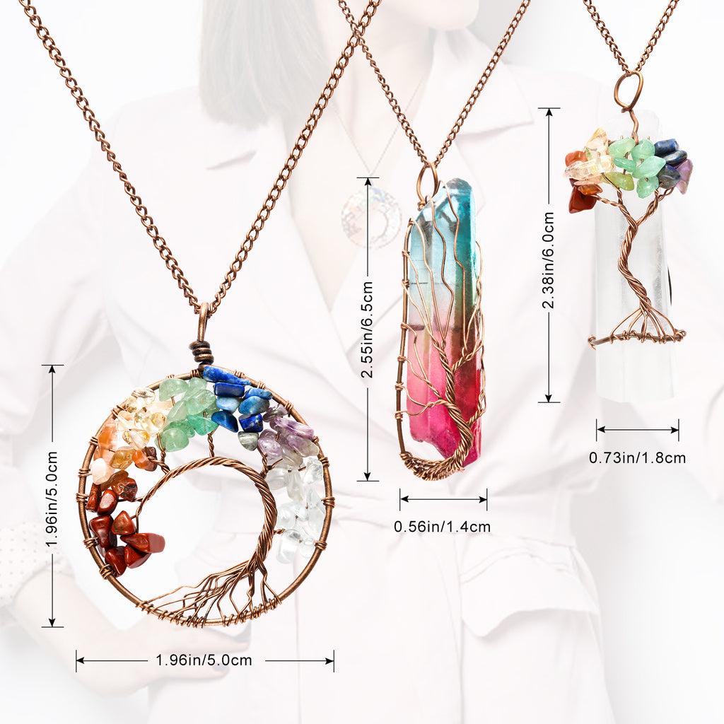 3-Piece Tree of Life Pendant Necklace Set - Natural Healing Stone Jewelry - Hand-Wrapped Crystal Sweater Chains for Women