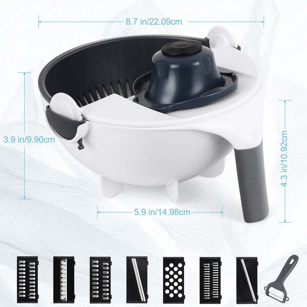 Multifunctional Vegetable Cutter with Draining Basket, 7-in-1 Manual Food Chopper, Slicer & Grater Set with Drain Bowl for Kitchen