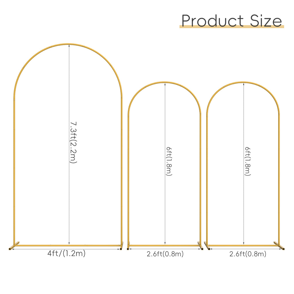Set of 3 Gold Metal Arch Backdrop Stand, 7.3FT Large Central Arch & 2PCS 6FT Side Arched Frame, Heavy Duty Round Pipe Wedding Balloon Flower Arch Stand for Wedding Baby Shower Gender Reveal Birthday Party Ceremony Decor