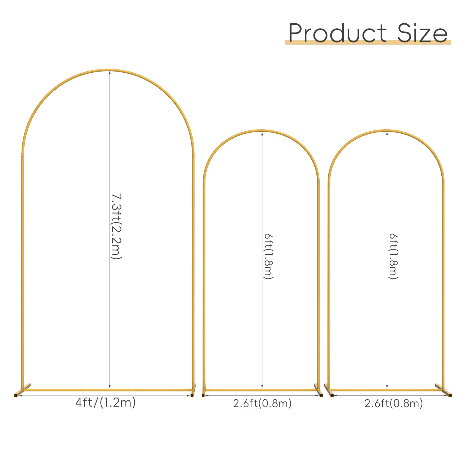 Set of 3 Gold Metal Arch Backdrop Stand, 7.3FT Large Central Arch & 2PCS 6FT Side Arched Frame, Heavy Duty Round Pipe Wedding Balloon Flower Arch Stand for Wedding Baby Shower Gender Reveal Birthday Party Ceremony Decor