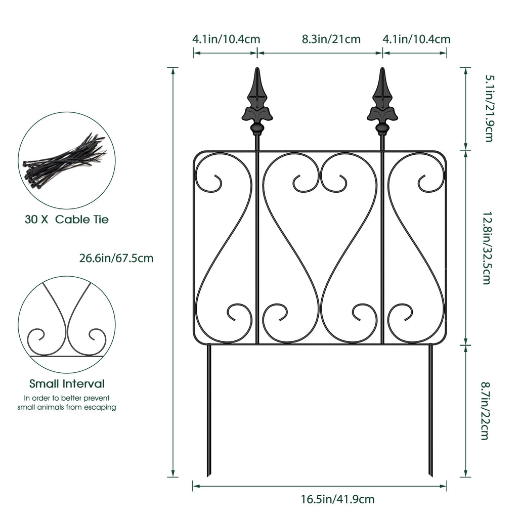 7 Pcs Easy Assembly Rustproof Fence Panels for Yard Lawn, Decorative Metal Outdoor Fences and Borders, Total 26. 4 inch(H) x 10ft(L) Garden Fencing Animal Barrier, for Dogs, Flower Bed, Patio, Square