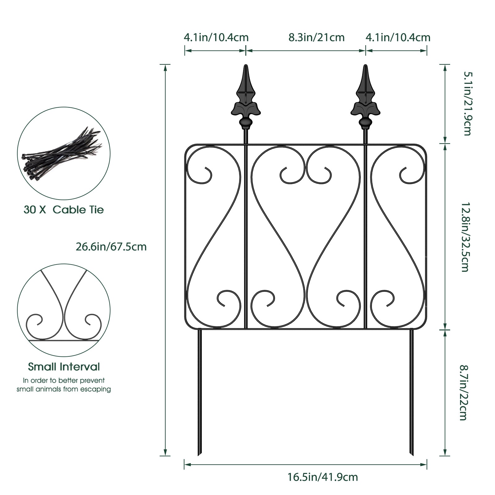 7 Pcs Easy Assembly Rustproof Fence Panels for Yard Lawn, Decorative Metal Outdoor Fences and Borders, Total 26. 4 inch(H) x 10ft(L) Garden Fencing Animal Barrier, for Dogs, Flower Bed, Patio, Square