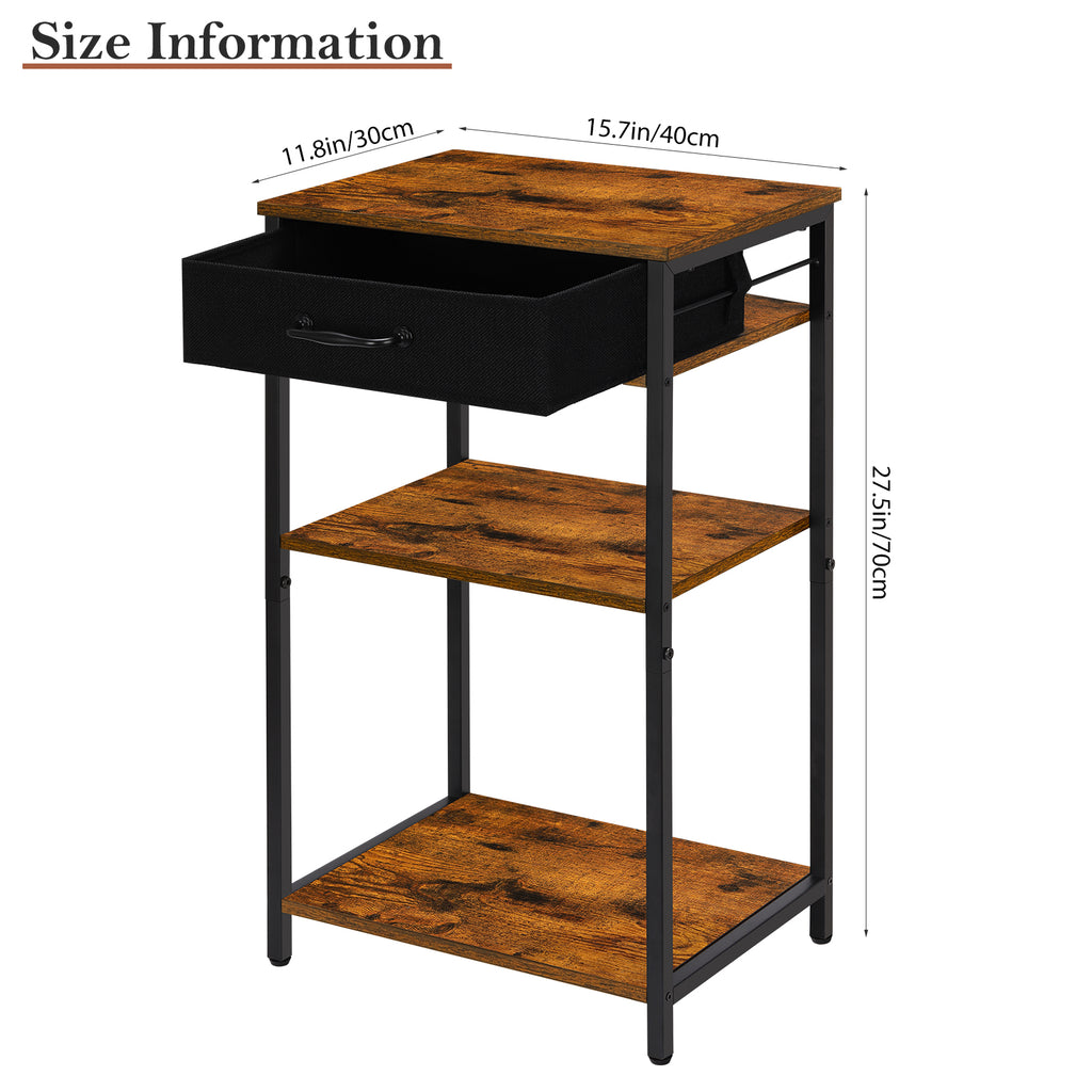 3-Tier Printer Stand with Drawer, Industrial Under Desk Printer Table with Storage Shelves, Rustic Wood Side Table Nightstand for Home Office, Small Printer Cart for Fax Machine, Scanner, Files, Brown