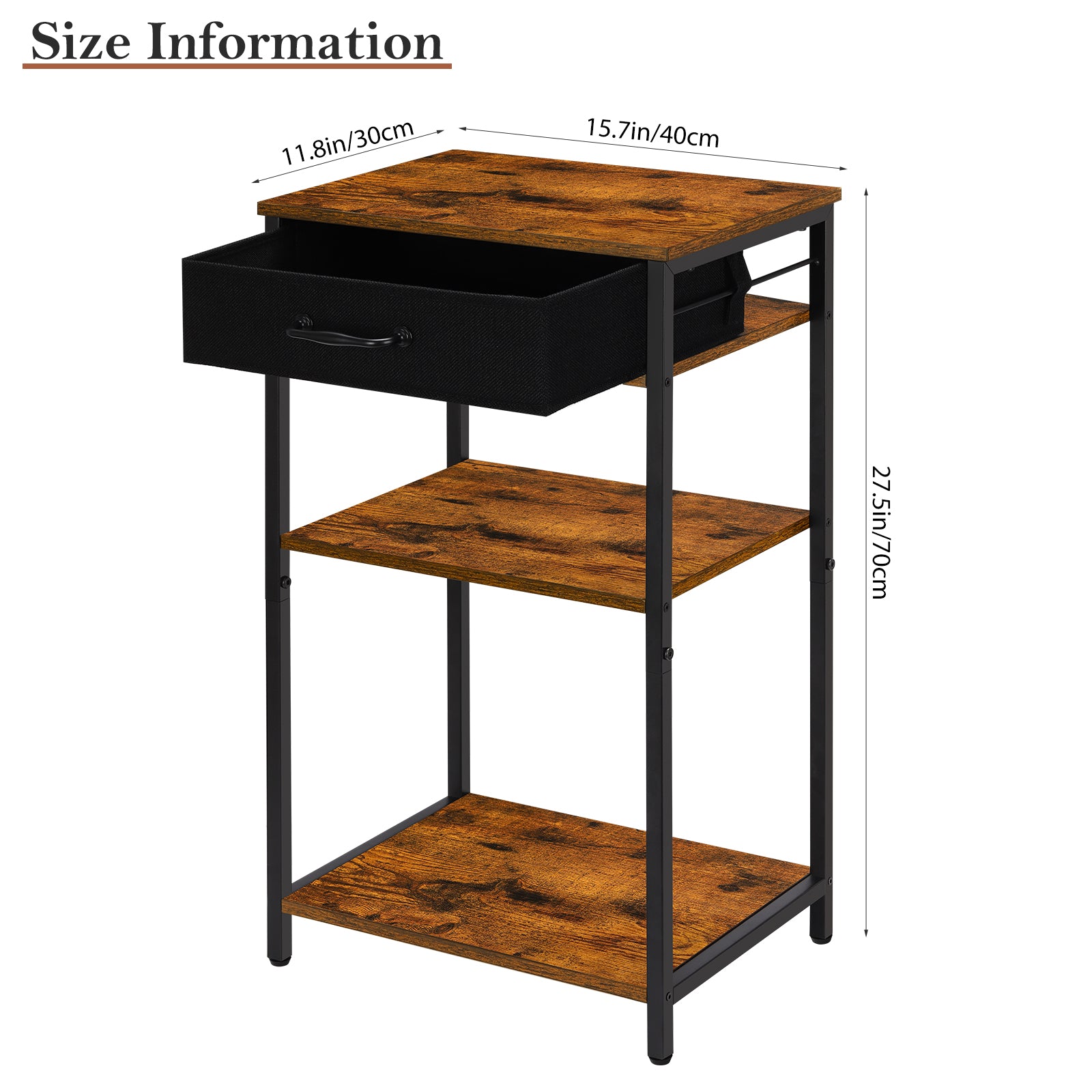 3-Tier Printer Stand with Drawer, Industrial Under Desk Printer Table with Storage Shelves, Rustic Wood Side Table Nightstand for Home Office, Small Printer Cart for Fax Machine, Scanner, Files, Brown