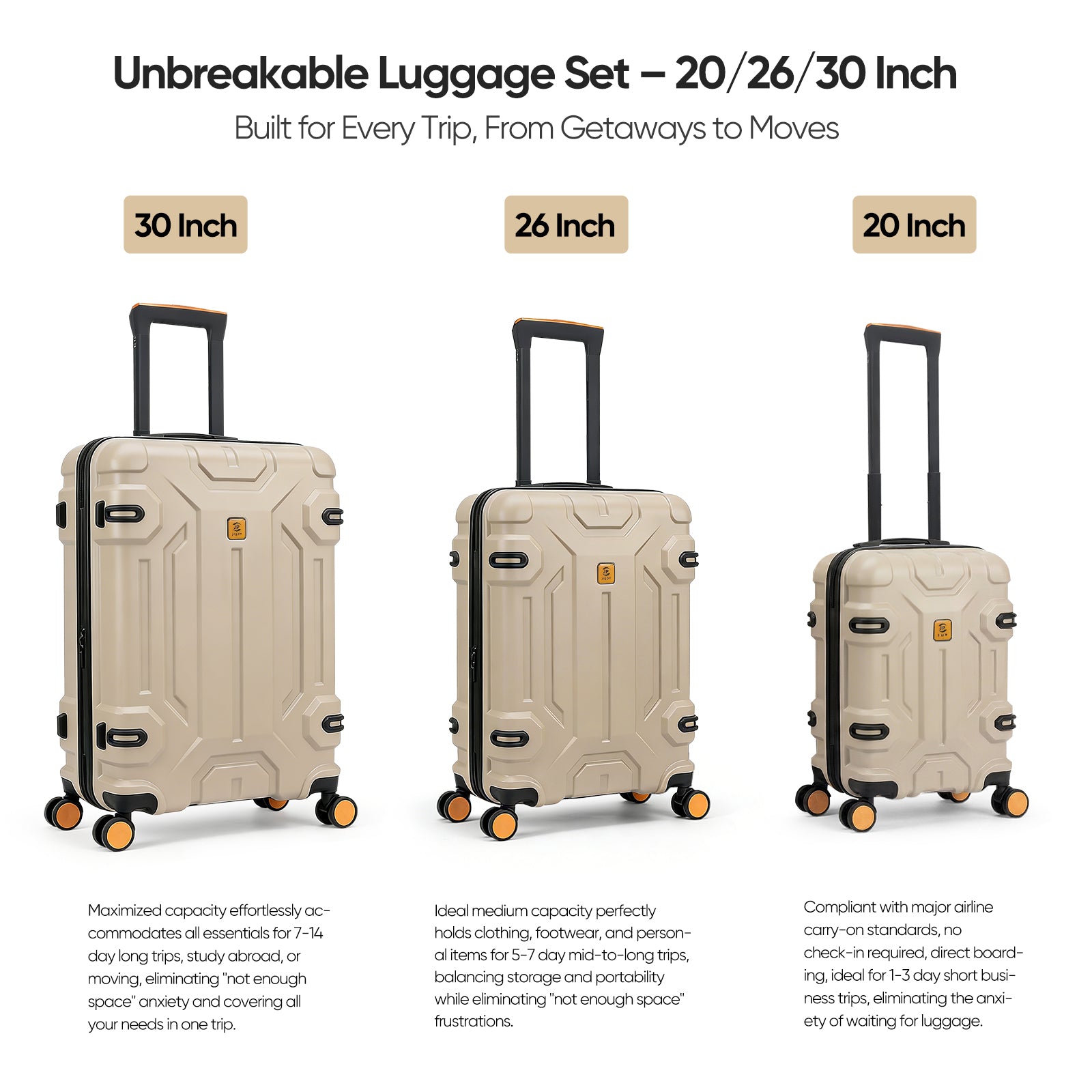 3-Piece Hardside Luggage Set with TSA Lock, Durable Lightweight Spinner Suitcase 20/26/30 Inch (Beige)