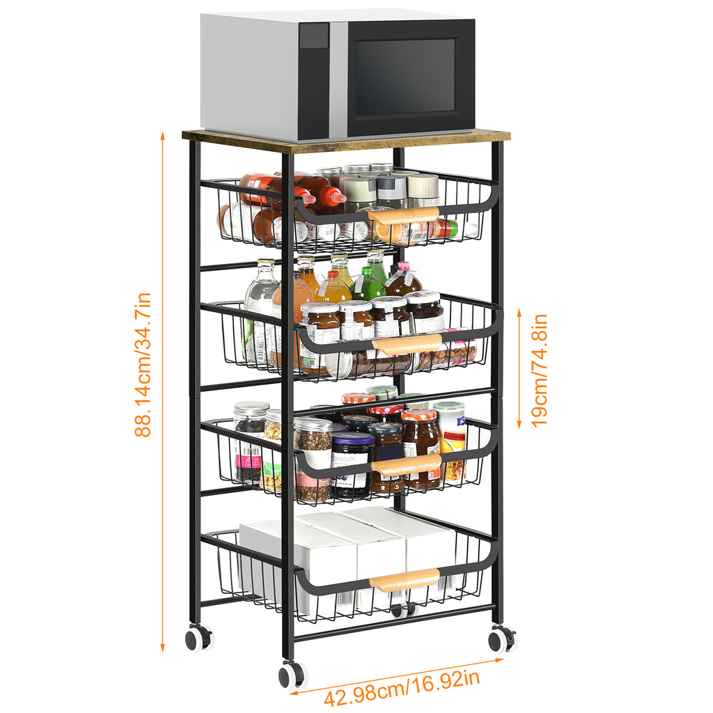 5-Tier Kitchen Utility Cart, Metal Microwave Stand, Rolling Kitchen Trolley with Wheels. Suitable for storage in kitchens, bathrooms, living rooms, bars and offices.