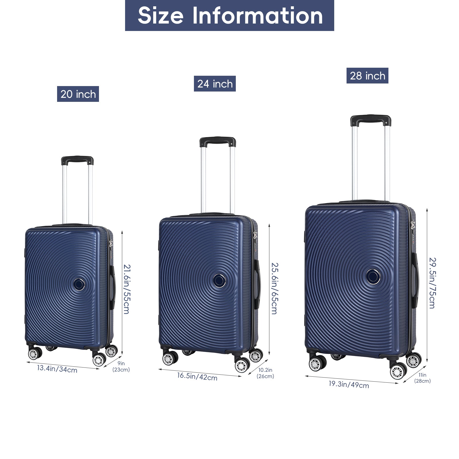 3 Pieces Luggage Set ABS Travel Suitcase with Spinner Wheels, Durable Hardshell Carry on Suitcase with TSA Lock (20 inch 24 inch 28 inch)