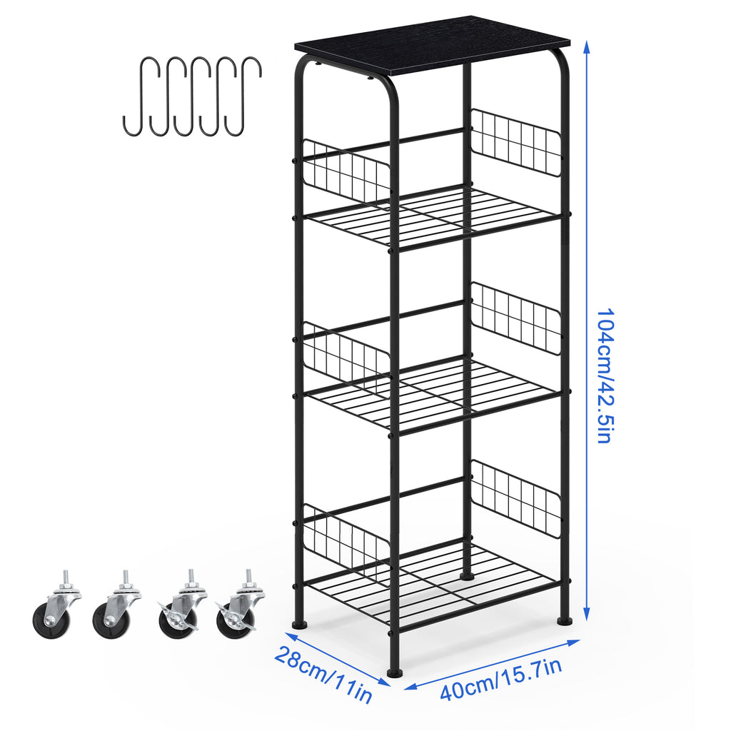 4-Tier Rolling Kitchen Cart, Black Metal Utility Storage Cart with Wheels for Kitchen, Pantry, Bathroom