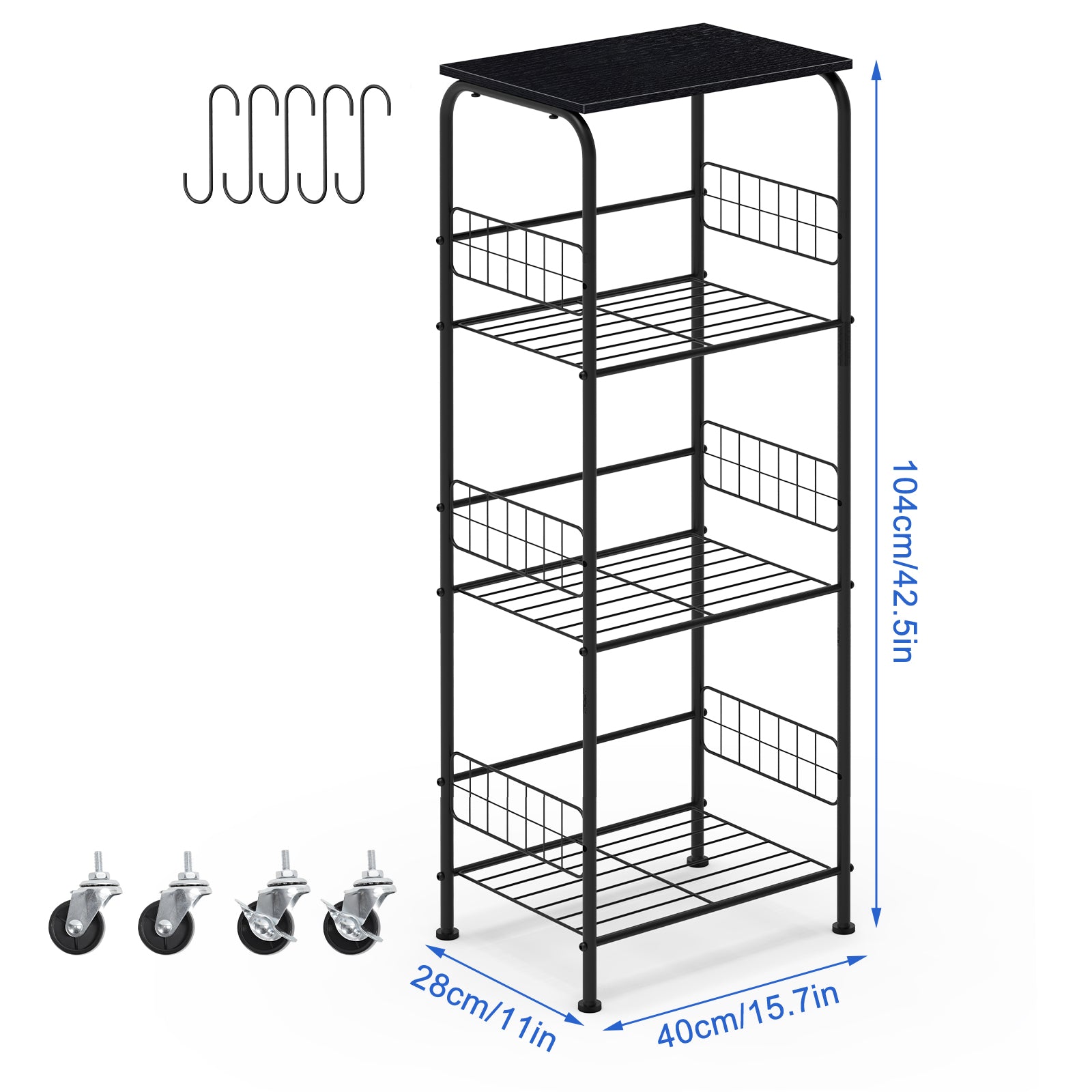 4-Tier Rolling Kitchen Cart, Black Metal Utility Storage Cart with Wheels for Kitchen, Pantry, Bathroom
