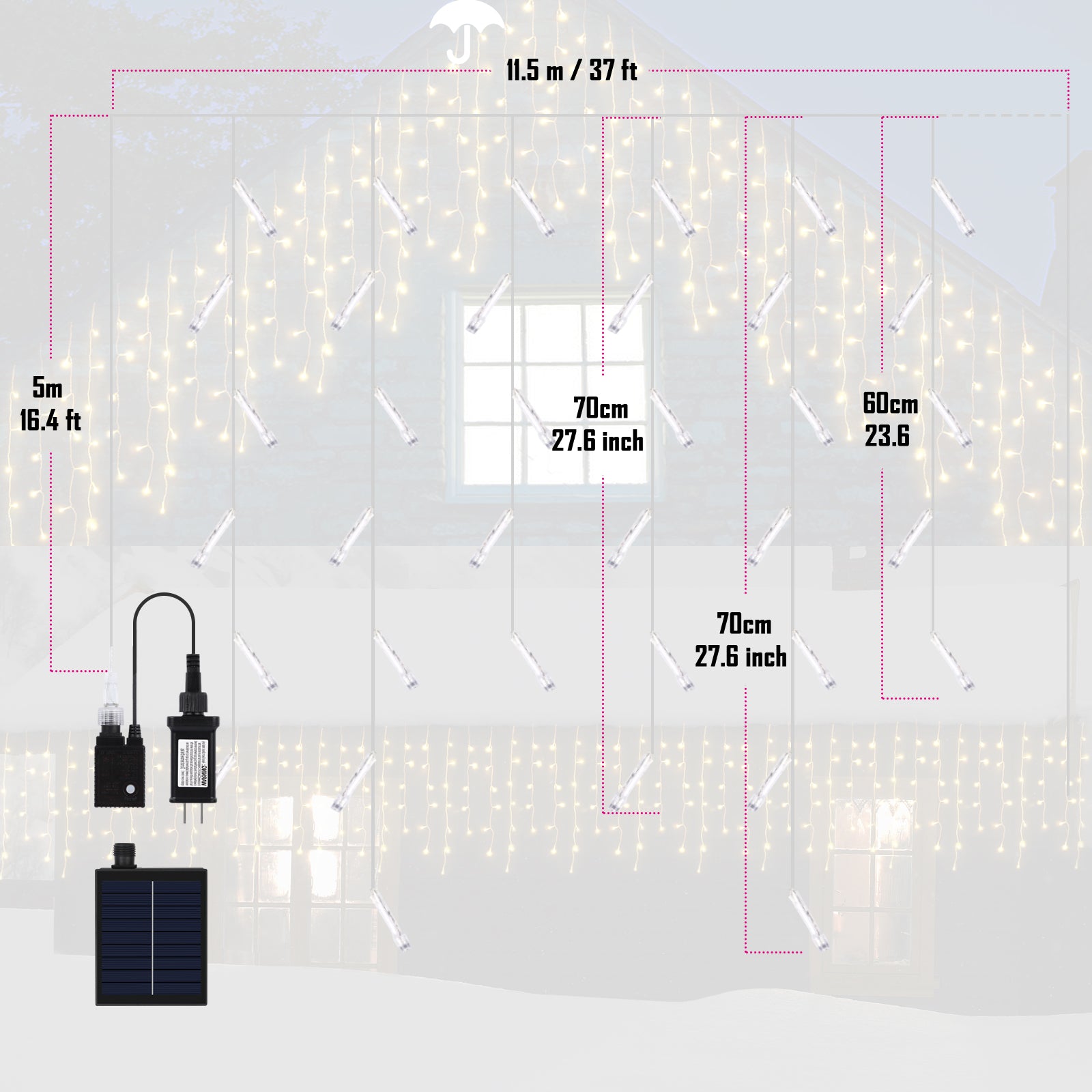 37FT LED Icicle Curtain Lights 288 LEDs 8 Modes IP44 Waterproof Outdoor Hanging String Lights for Xmas Wedding Yard Party Decor