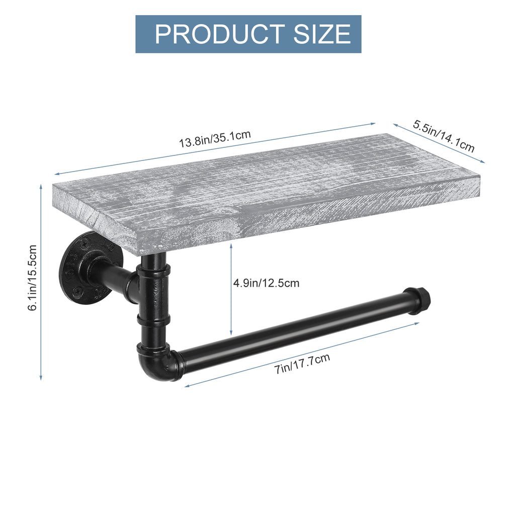 Wall Mounted Industrial Tissue Storage Rack with Wood Shelf, Grey White Kitchen and Bathroom Paper Towel Dispenser Holder