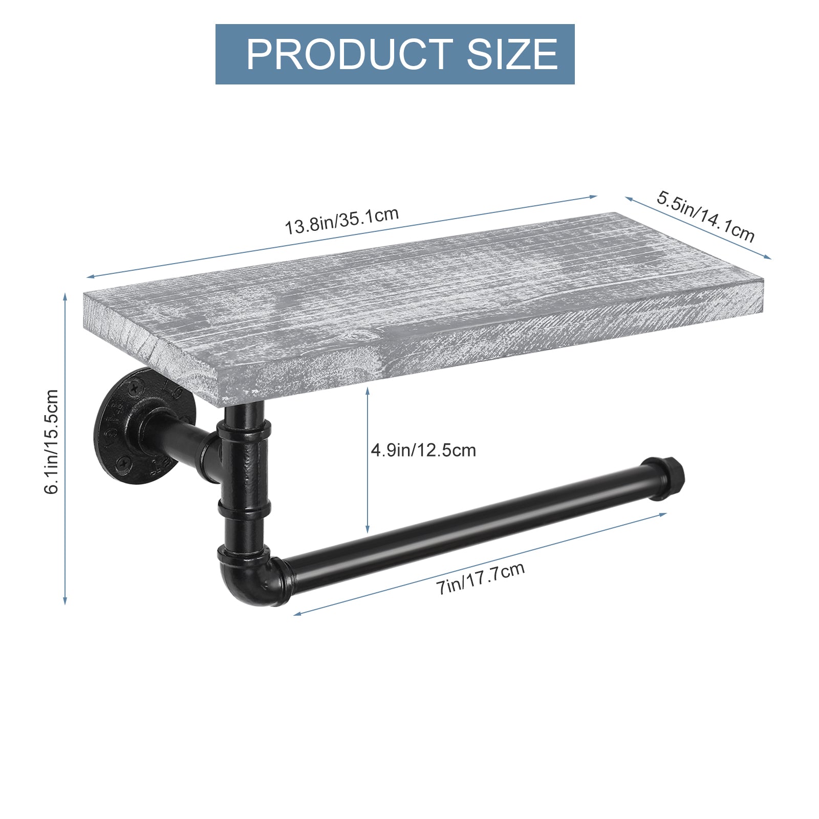 Wall Mounted Industrial Tissue Storage Rack with Wood Shelf, Grey White Kitchen and Bathroom Paper Towel Dispenser Holder