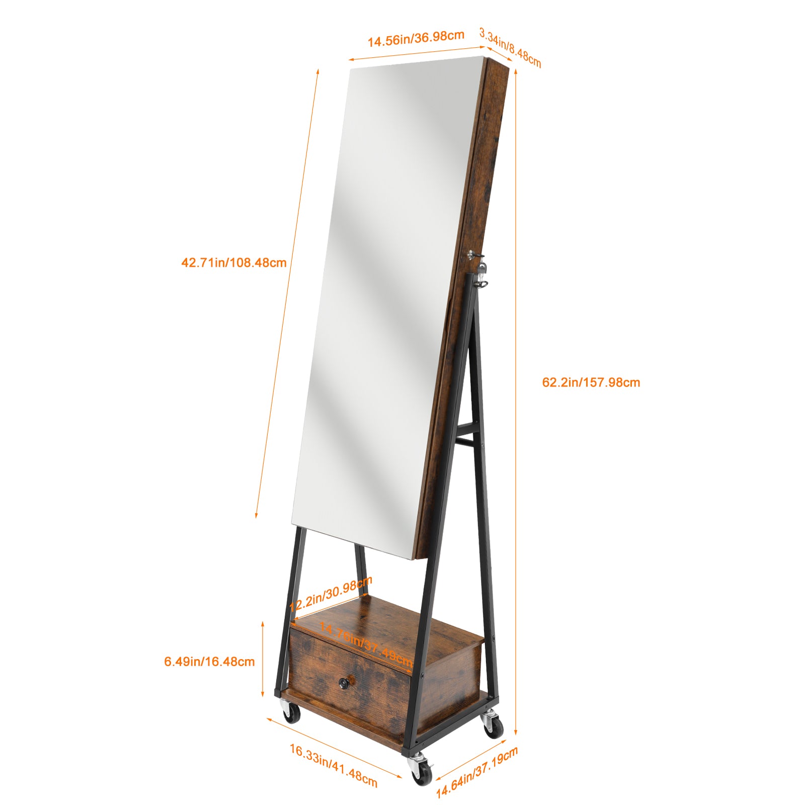 Floor Standing Jewelry Cabinet Armoire - Large Capacity Storage with Interior Mirror and Drawer