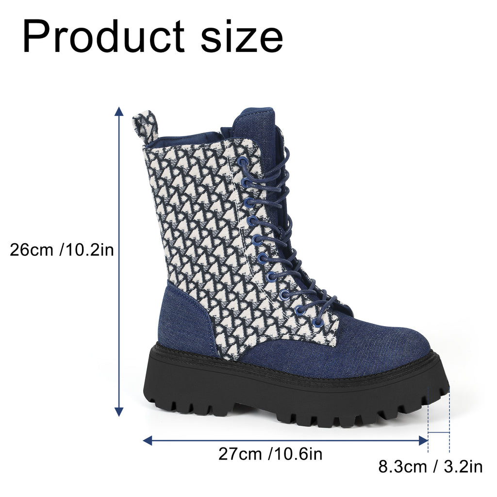 Women's Platform Combat Boots, Lace-Up Ankle Boots with Inside Zipper, Chunky Heel Fashion Denim & Print Boots for Fall Winter