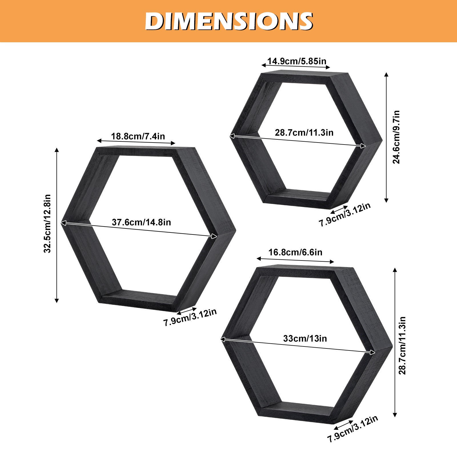 Set of 6 Black Hexagon Floating Shelves - Rustic Wood Honeycomb Wall Mounted Home Decor Storage