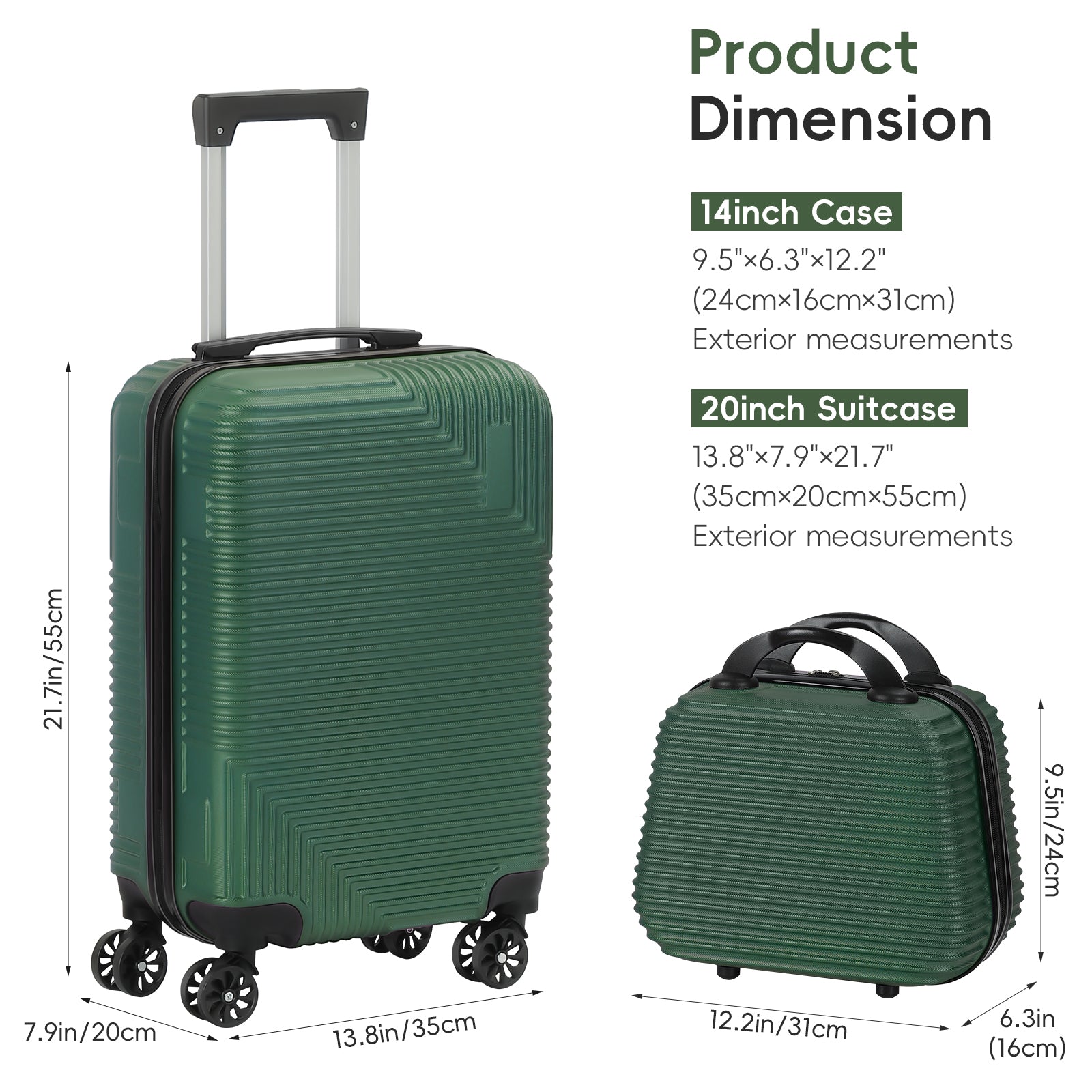 2-Piece Hardside Luggage Set - 20 Inch Carry On Suitcase + 14 Inch Cosmetic Case, ABS Spinner Luggage with Lock (Black/Purple)