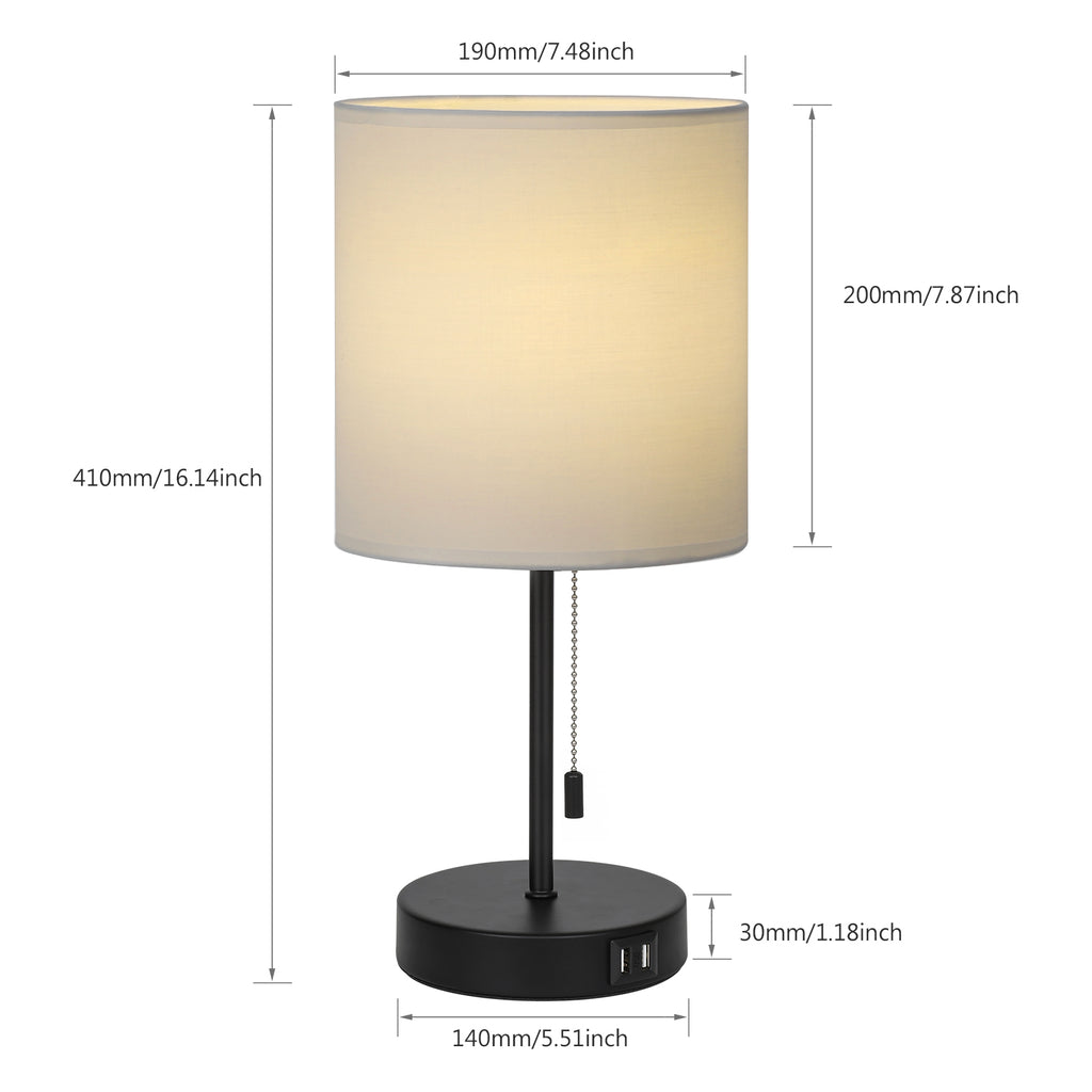White Fabric Shade Nightstand Lamp with Dual USB Fast Charging Ports, Versatile Metal Desk Lighting for Bedroom, Office, and Living Areas