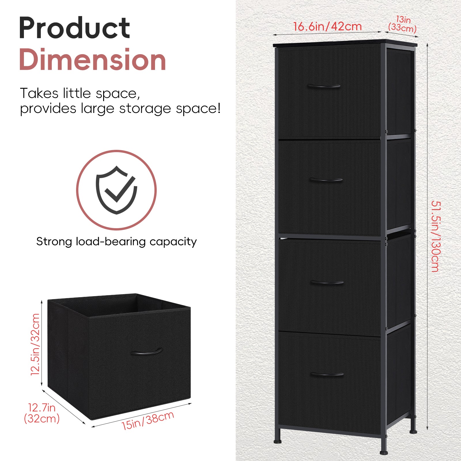 51" Tall 4-Drawer Fabric Dresser Tower - Vertical Closet Organizer for Bedroom & Entryway, Slim Storage Chest with Wooden Top & Metal Frame, Black