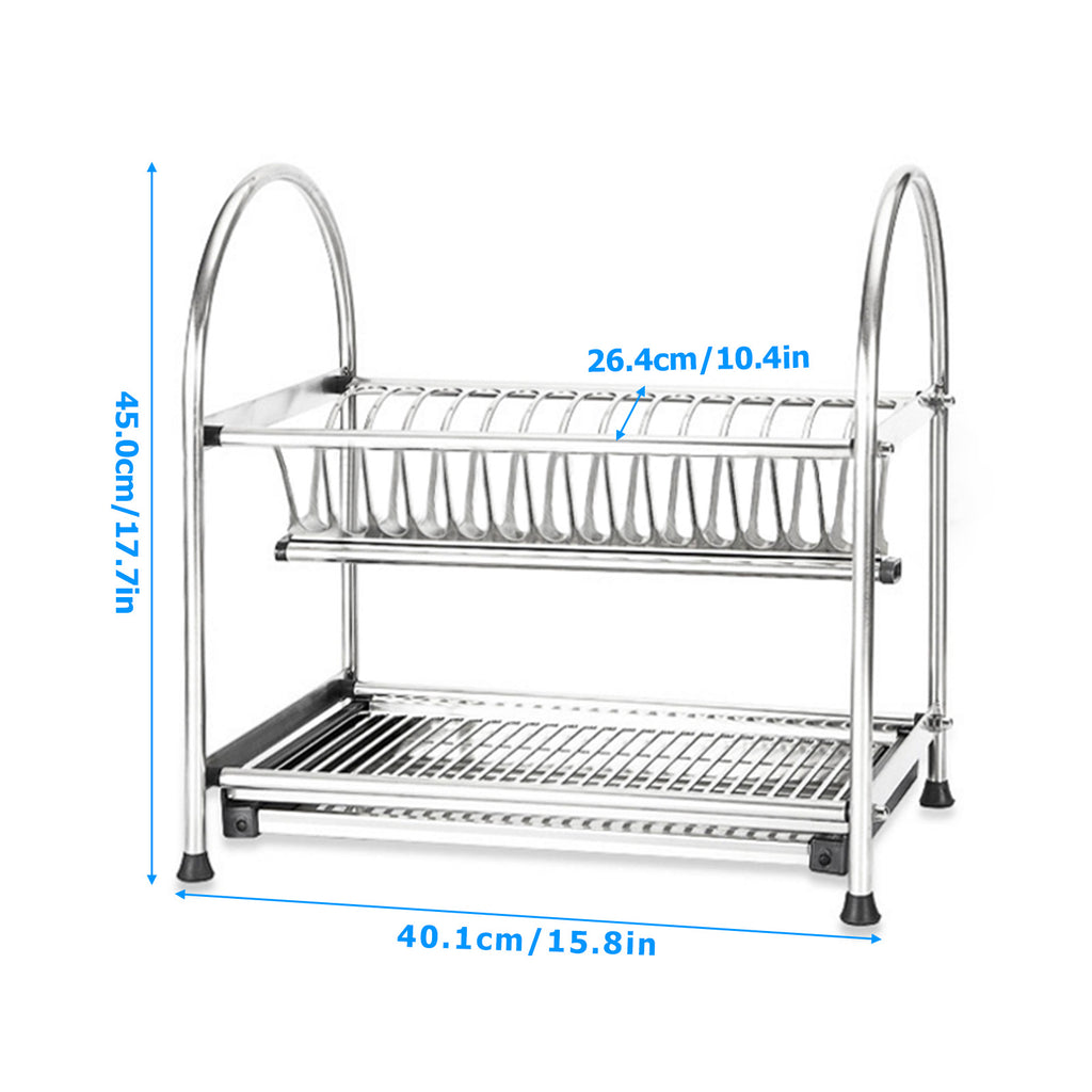 2-Tier Stainless Steel Dish Drying Rack with Drainboard, Space-Saving Kitchen Counter Organizer