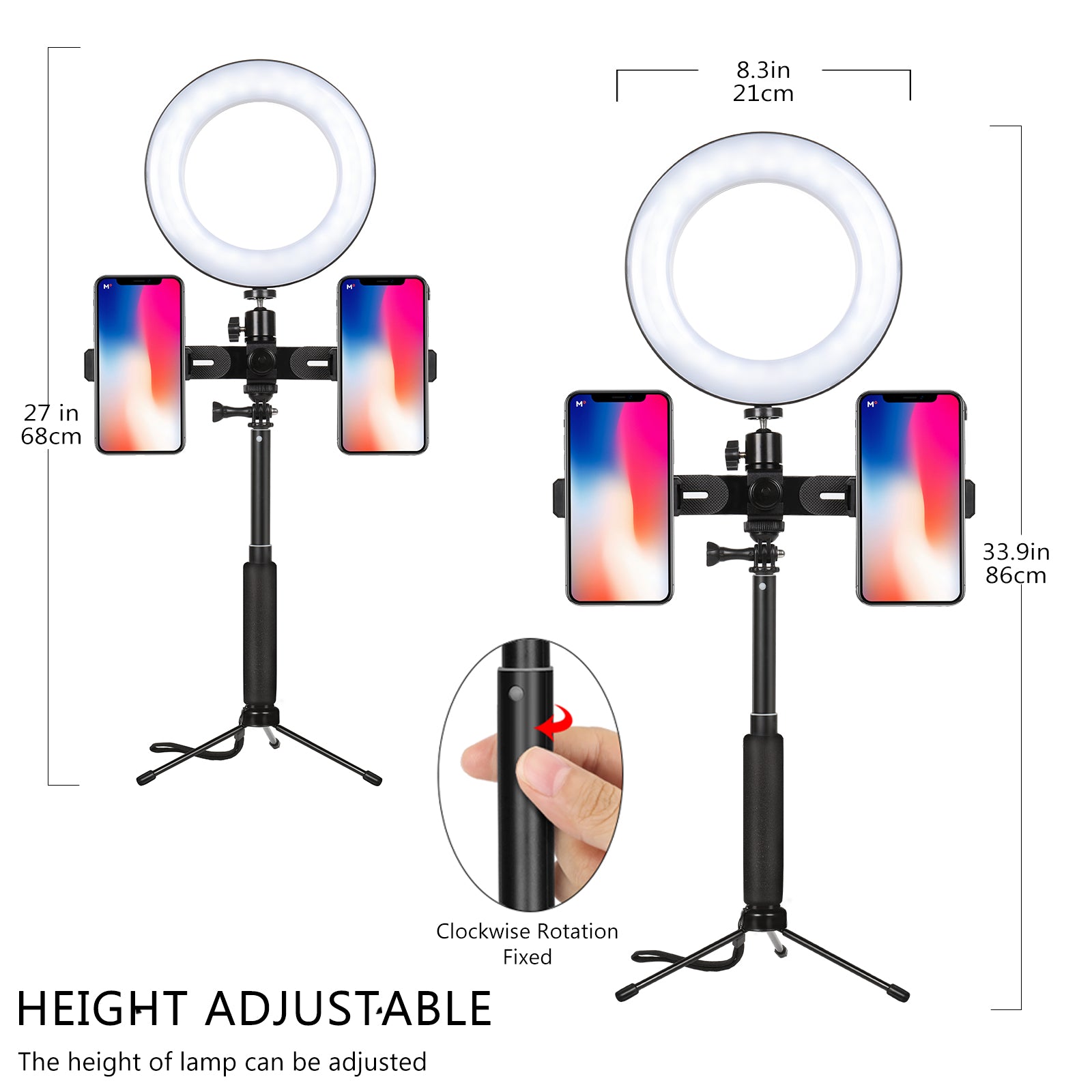 10inch Selfie Ring Light with Tripod Stand & Dual Phone Holders for Live Streaming, Makeup, and YouTube Video Recording