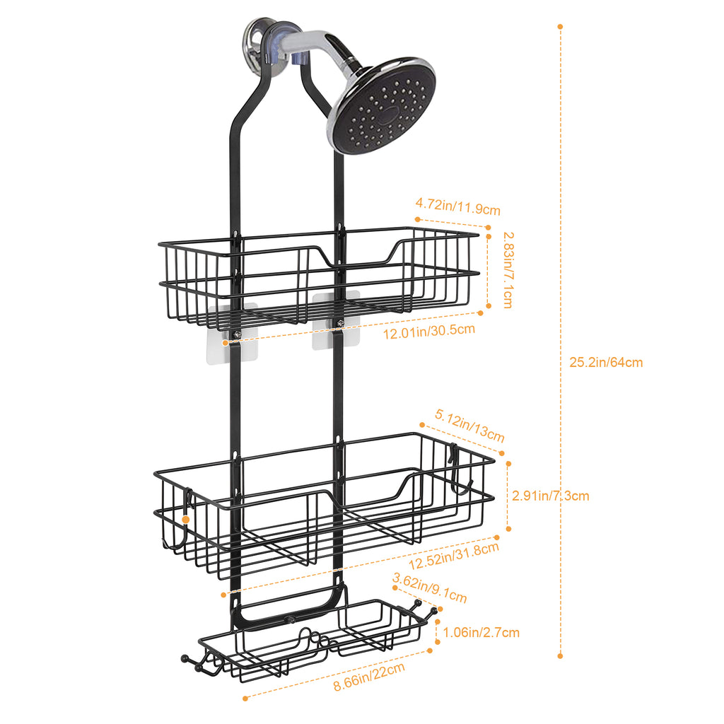 3-Tier Hanging Shower Caddy, Over the Shower Head Bathroom Organizer with Soap Dish & Hooks