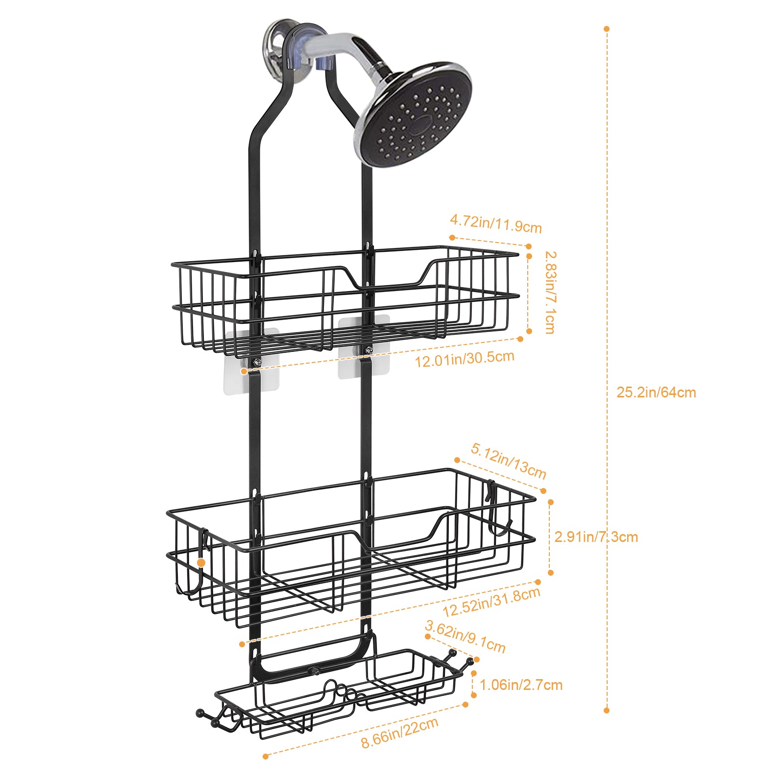 3-Tier Hanging Shower Caddy, Over the Shower Head Bathroom Organizer with Soap Dish & Hooks