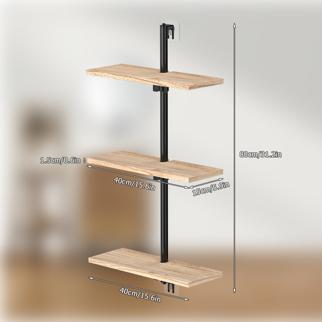 3-Tier Industrial Pipe Shelf, Wall-Mounted Floating Wood Bookshelf for Living Room & Kitchen