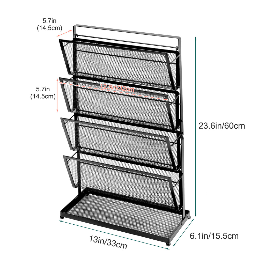 4-Tier Vertical Mesh File Organizer - Desktop Magazine & Letter Rack - Space-Saving Metal Storage Tray for Office Documents & Accessories