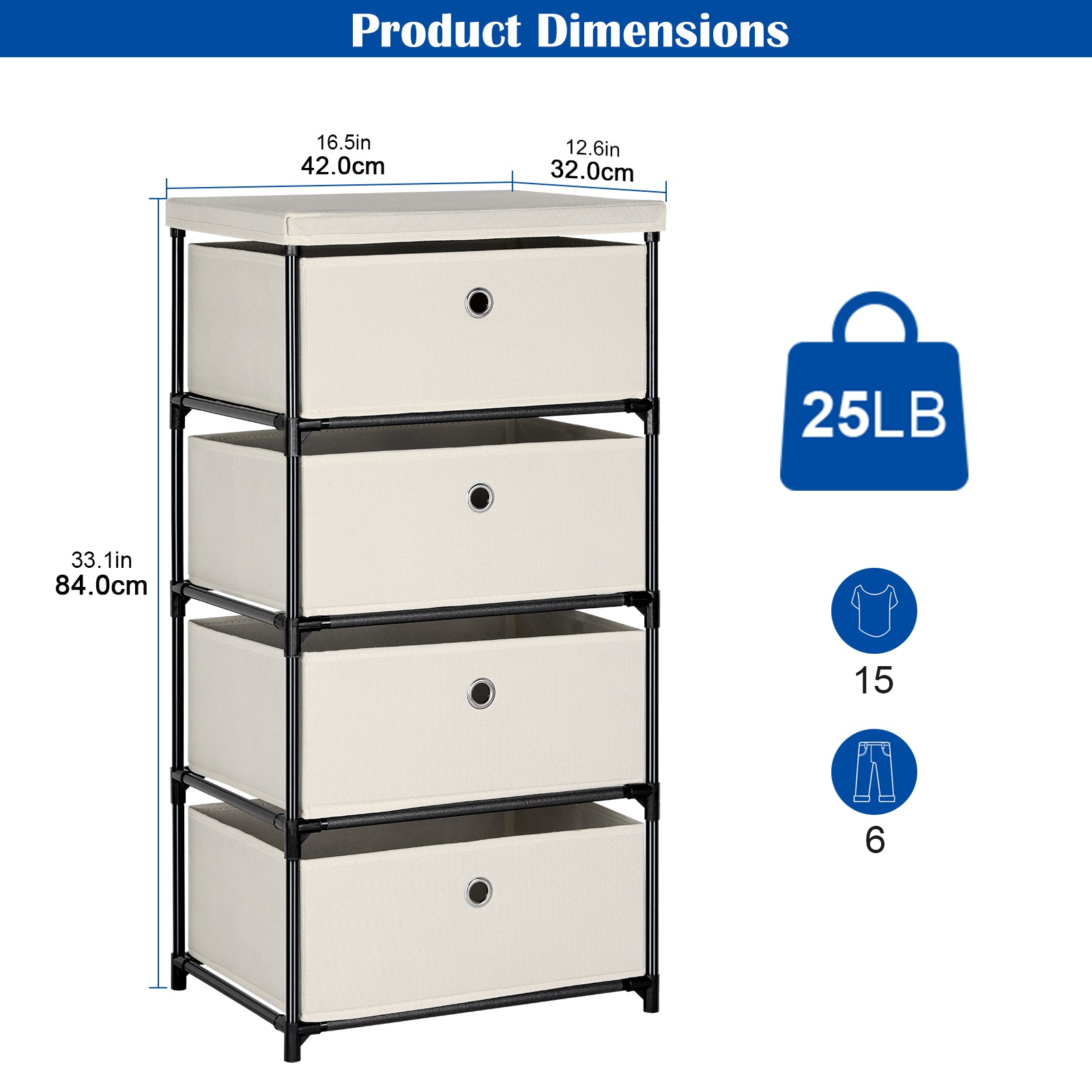 4-Drawer White Fabric Chest - Storage Organizer Unit for Closets, Bedroom & Dorm
