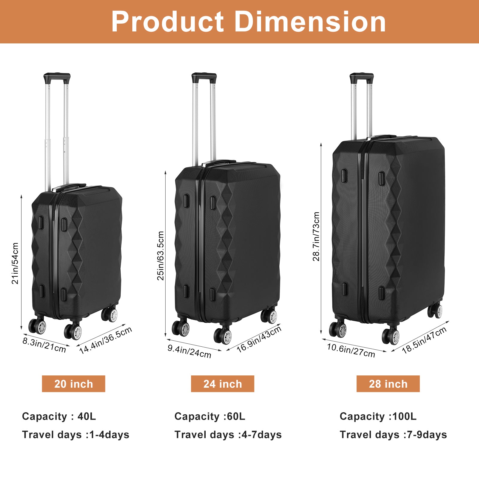 3 Piece Set (20in/24in/28in) Travel Suitcase Hardside Luggage with Spinner Wheel